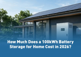 Premium 100kWh battery storage for home cabinet installed on a concrete pad outside a modern villa to provide whole home backup battery infrastructure.