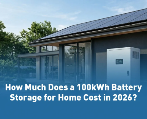 Premium 100kWh battery storage for home cabinet installed on a concrete pad outside a modern villa to provide whole home backup battery infrastructure.