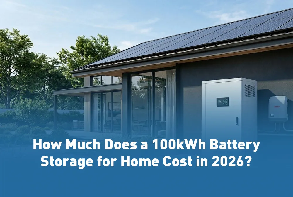 Premium 100kWh battery storage for home cabinet installed on a concrete pad outside a modern villa to provide whole home backup battery infrastructure.