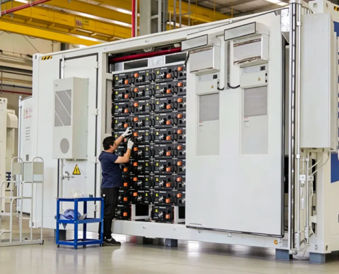 engineers inspecting 5MWh liquid-cooled BESS container in factory, battery energy storage system testing and quality assurance before deployment