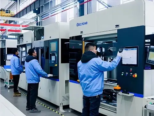 Technicians assembling battery energy storage systems including BMS, PCS, and battery modules in an industrial production line