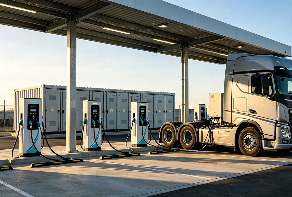 Stationary battery storage system integrated with high-power DC charging stations to buffer grid load.