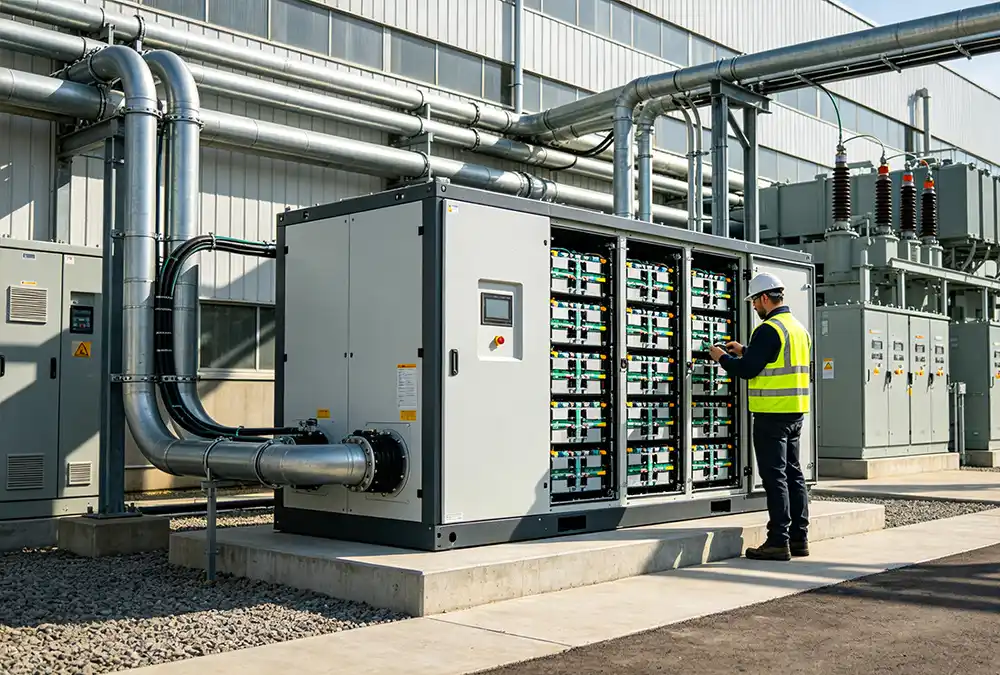 Industrial behind the meter battery storage system installed at a factory for demand charge management and peak shaving.