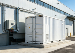 A behind-the-meter battery energy storage system (BESS) installed at an industrial manufacturing plant for peak shaving.