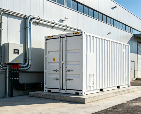 A behind-the-meter battery energy storage system (BESS) installed at an industrial manufacturing plant for peak shaving.