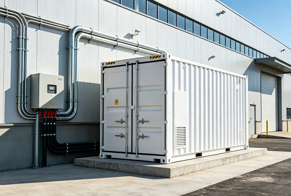 A behind-the-meter battery energy storage system (BESS) installed at an industrial manufacturing plant for peak shaving.