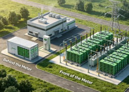 Detailed 3D layout comparing behind the meter vs front of the meter energy storage configurations for industrial and utility applications.