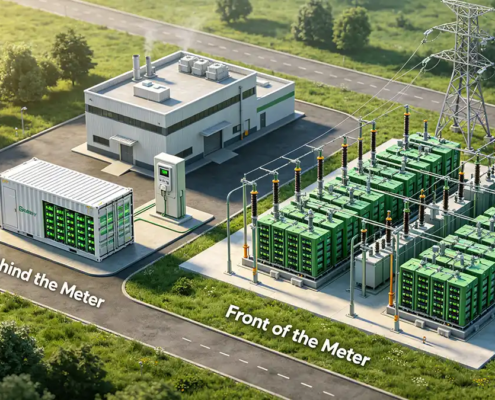 Detailed 3D layout comparing behind the meter vs front of the meter energy storage configurations for industrial and utility applications.