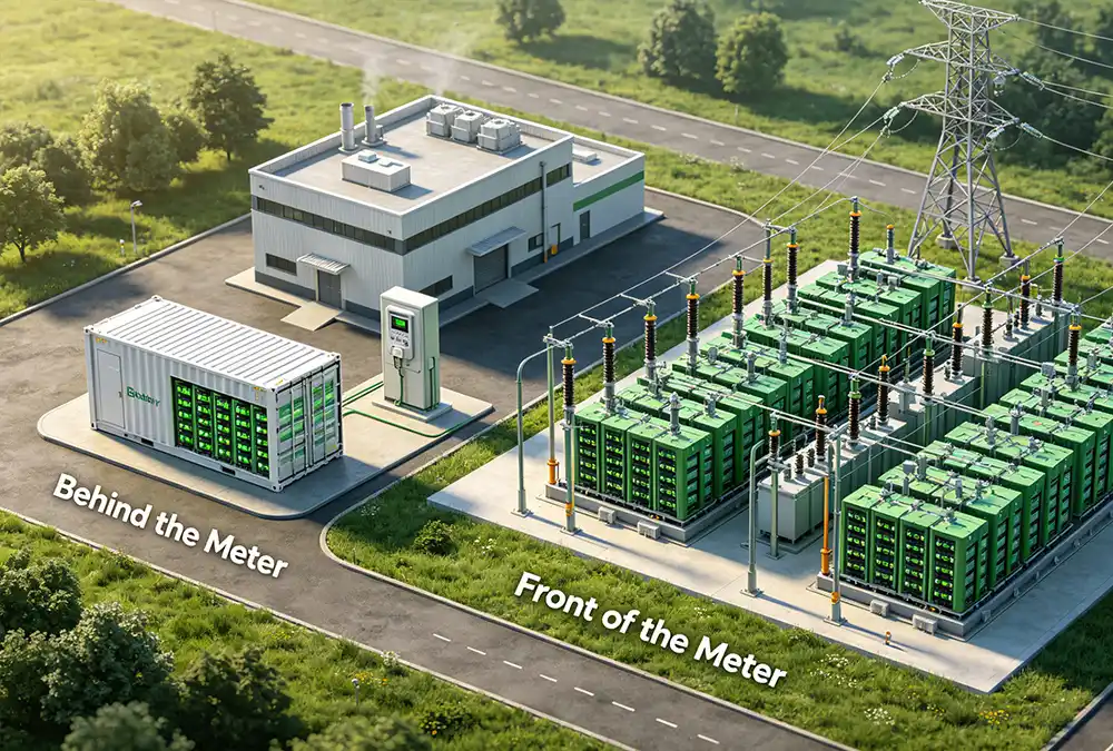 Detailed 3D layout comparing behind the meter vs front of the meter energy storage configurations for industrial and utility applications.