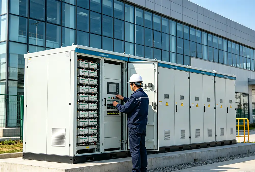 An industrial battery storage plant installation at a factory to optimize ROI and manage energy demand charges.
