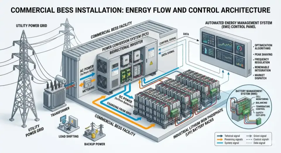 An engineering topology diagram of a commercial BESS installation showing the integration between the grid, PCS, LFP battery racks, and EMS.
