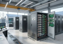 Inside a commercial BESS installation showing the professional layout of integrated LFP battery racks and BMS components.