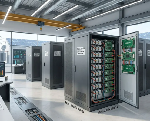 Inside a commercial BESS installation showing the professional layout of integrated LFP battery racks and BMS components.