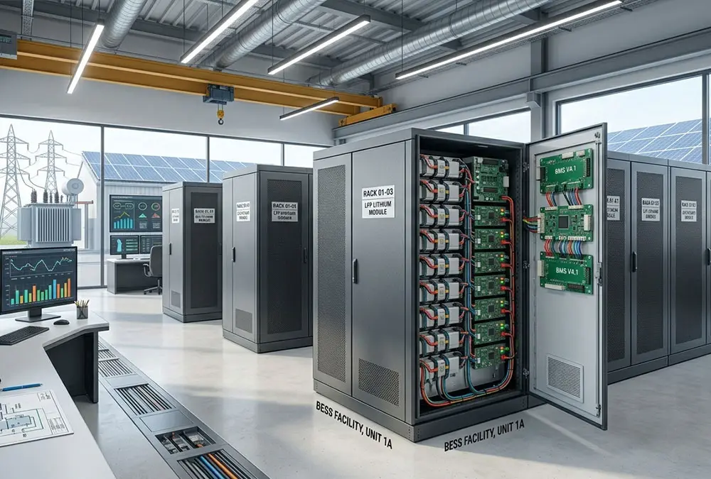 Inside a commercial BESS installation showing the professional layout of integrated LFP battery racks and BMS components.