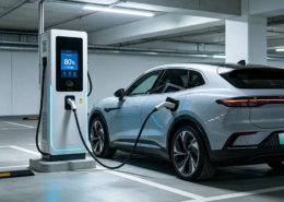 A high-power commercial DC fast charging pile providing rapid energy to an electric vehicle in a public parking station.