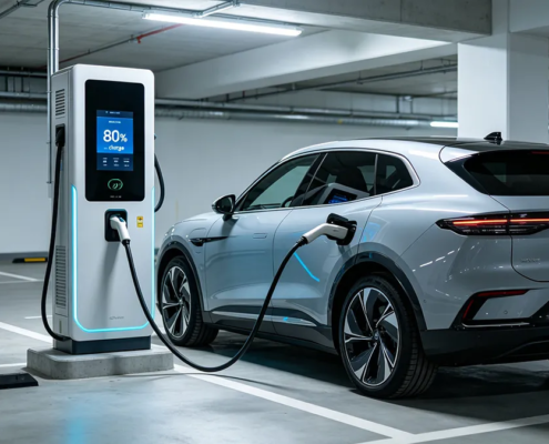 A high-power commercial DC fast charging pile providing rapid energy to an electric vehicle in a public parking station.