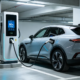 A high-power commercial DC fast charging pile providing rapid energy to an electric vehicle in a public parking station.