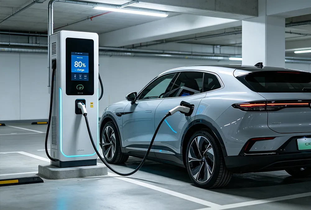 A high-power commercial DC fast charging pile providing rapid energy to an electric vehicle in a public parking station.