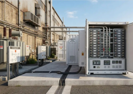 An outdoor integrated commercial ESS solution featuring a secure weatherized enclosure with Grade-A LFP lithium ion battery storage modules.