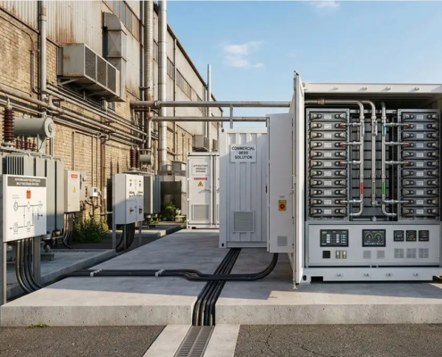 An outdoor integrated commercial ESS solution featuring a secure weatherized enclosure with Grade-A LFP lithium ion battery storage modules.