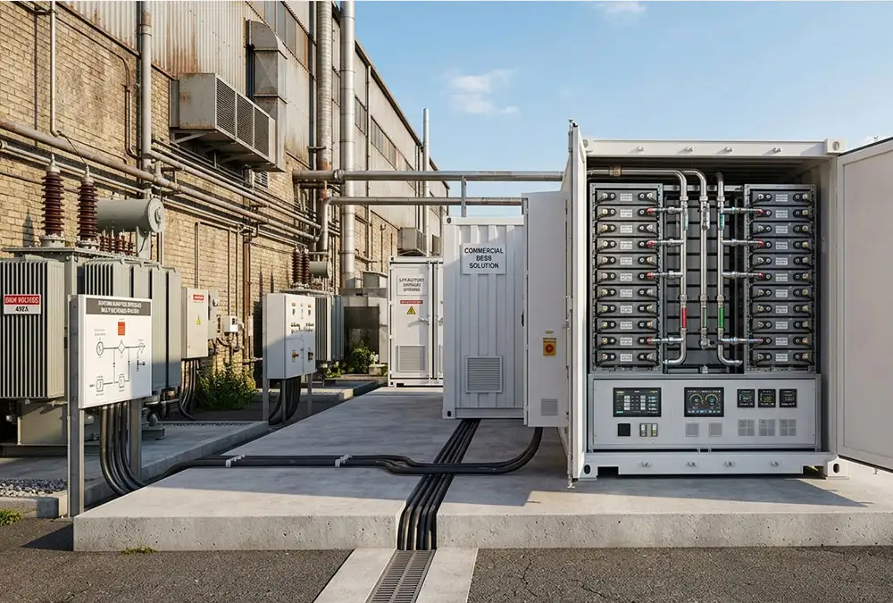 An outdoor integrated commercial ESS solution featuring a secure weatherized enclosure with Grade-A LFP lithium ion battery storage modules.
