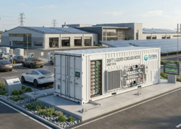 AnengJi container battery energy storage system for commercial use deployed next to a corporate EV charging hub.