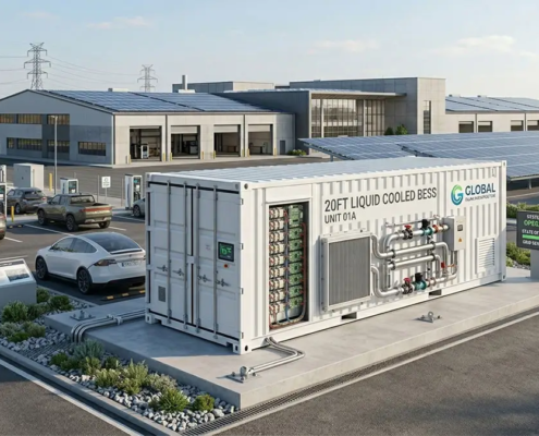AnengJi container battery energy storage system for commercial use deployed next to a corporate EV charging hub.