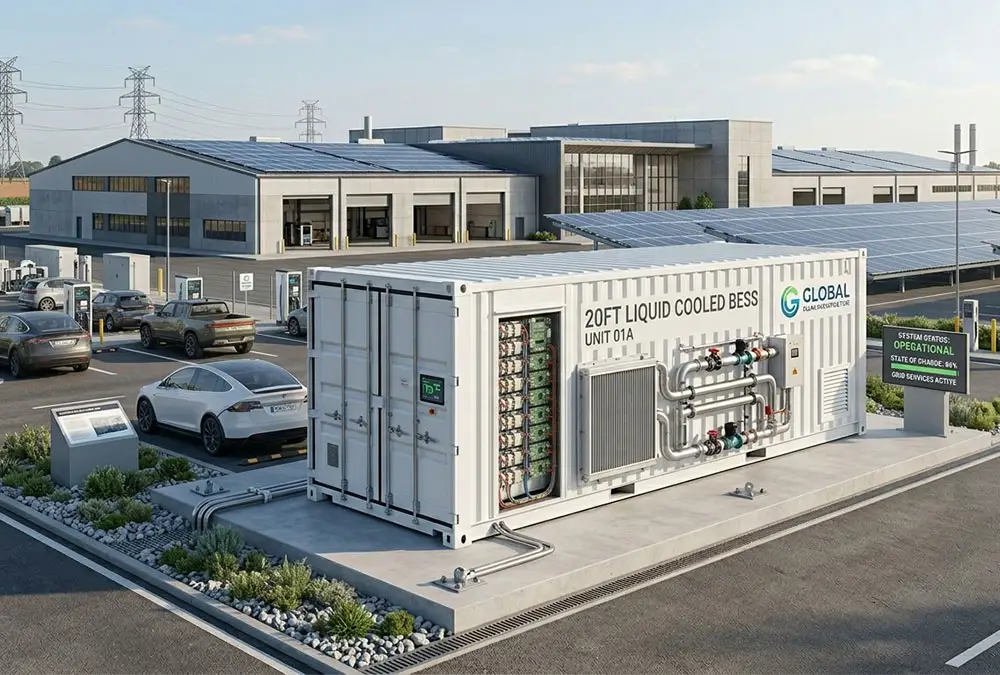 AnengJi container battery energy storage system for commercial use deployed next to a corporate EV charging hub.