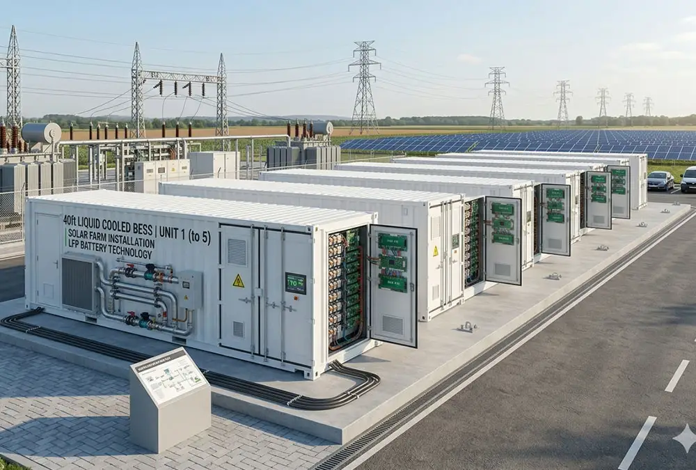 Industrial-grade containerized BESS solution for solar farm integration managing high-capacity grid scale battery storage.
