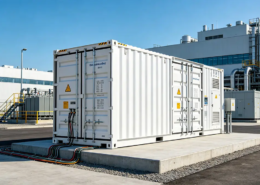 A containerized BESS system integrated into an industrial ESS solution for a modern factory.
