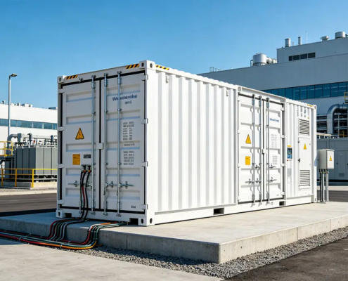 A containerized BESS system integrated into an industrial ESS solution for a modern factory.