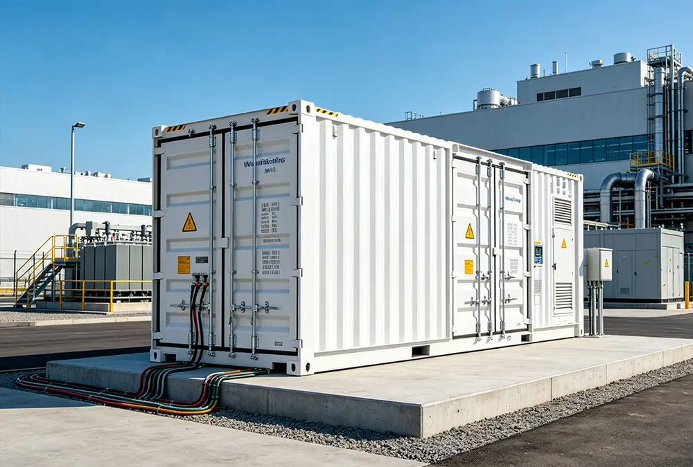 A containerized BESS system integrated into an industrial ESS solution for a modern factory.