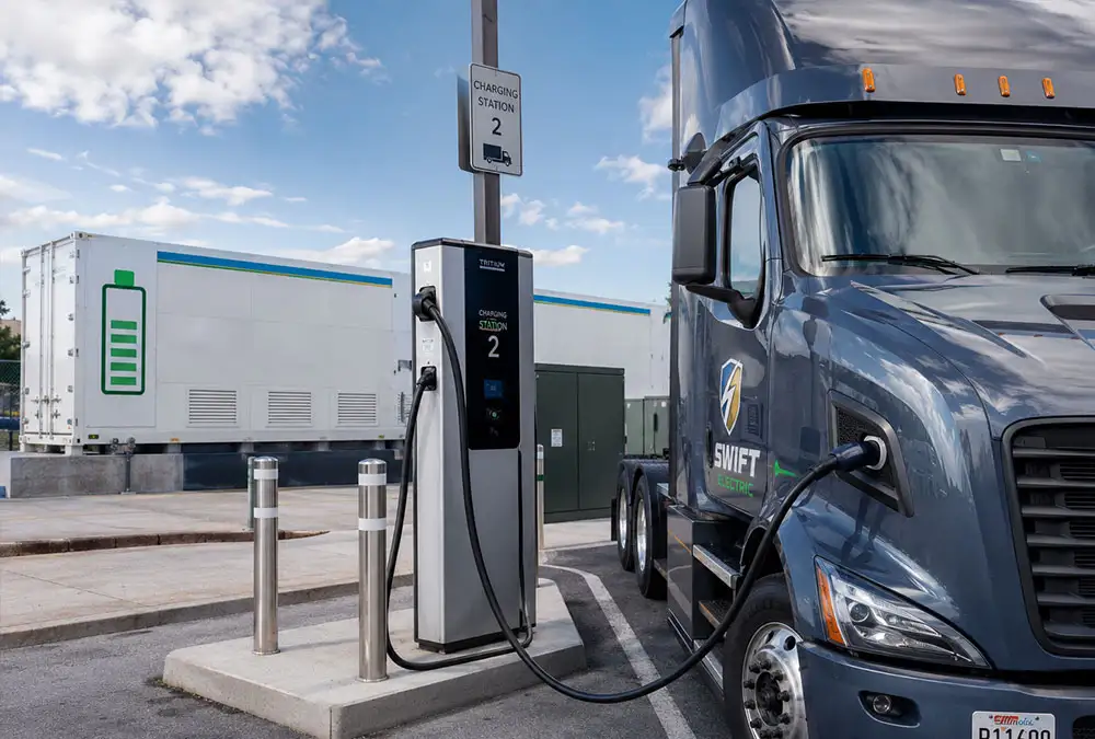 An integrated EV charging energy storage solution used for battery storage for demand charge reduction at a high-power charging hub.