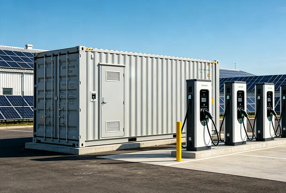 An integrated EV charging station featuring a liquid-cooled battery energy storage system and multiple DC fast chargers for industrial use.