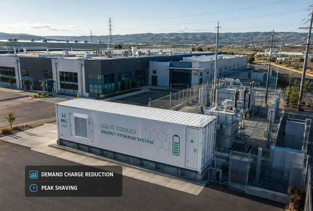 A containerized industrial energy storage solution installed at a factory for commercial energy storage peak shaving savings.