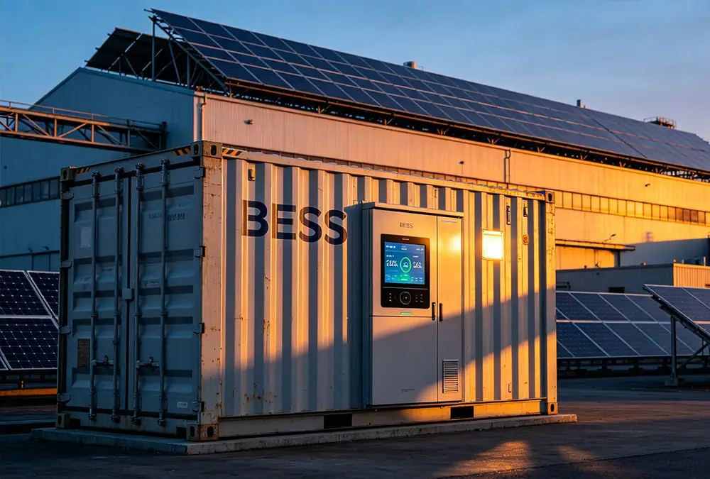 An industrial grid tied battery storage system installed at a manufacturing facility for peak shaving and cost reduction.