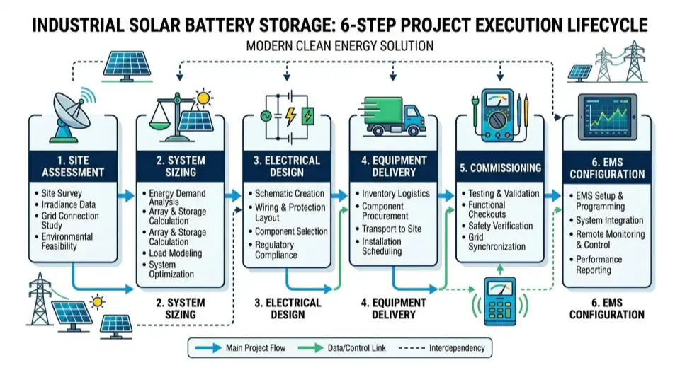 A 6-step project workflow diagram detailing the complete commercial and industrial solar battery storage installation process.