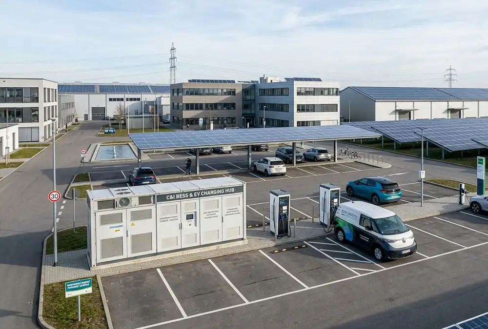 An active industrial solar energy system integrated with a 100kWh C&I battery storage system to support high-power fast EV charging infrastructure.