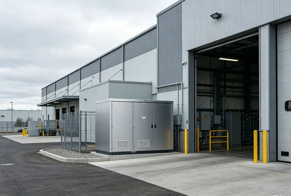 An industrial stationary battery storage system used for peak shaving and behind-the-meter energy management at a commercial facility.