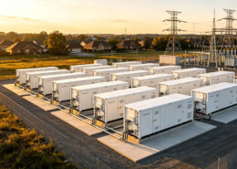 A large-scale battery storage plant featuring multiple BESS containers connected to the power grid for utility energy storage.