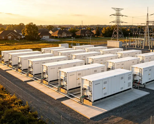 A large-scale battery storage plant featuring multiple BESS containers connected to the power grid for utility energy storage.