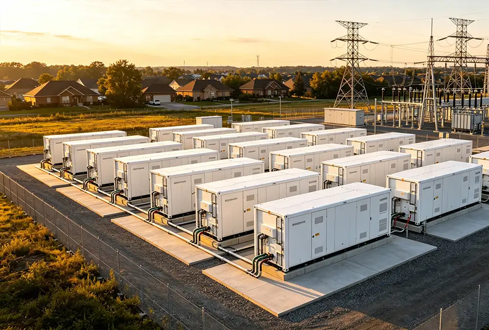A large-scale battery storage plant featuring multiple BESS containers connected to the power grid for utility energy storage.