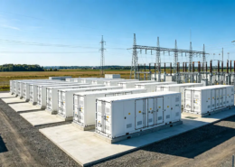 A utility-scale grid connected battery storage installation featuring containerized LFP racks and a high-voltage substation.