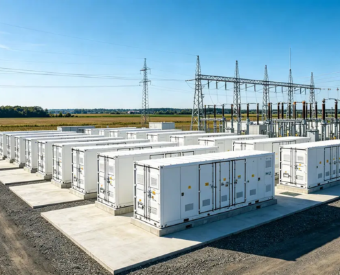 A utility-scale grid connected battery storage installation featuring containerized LFP racks and a high-voltage substation.
