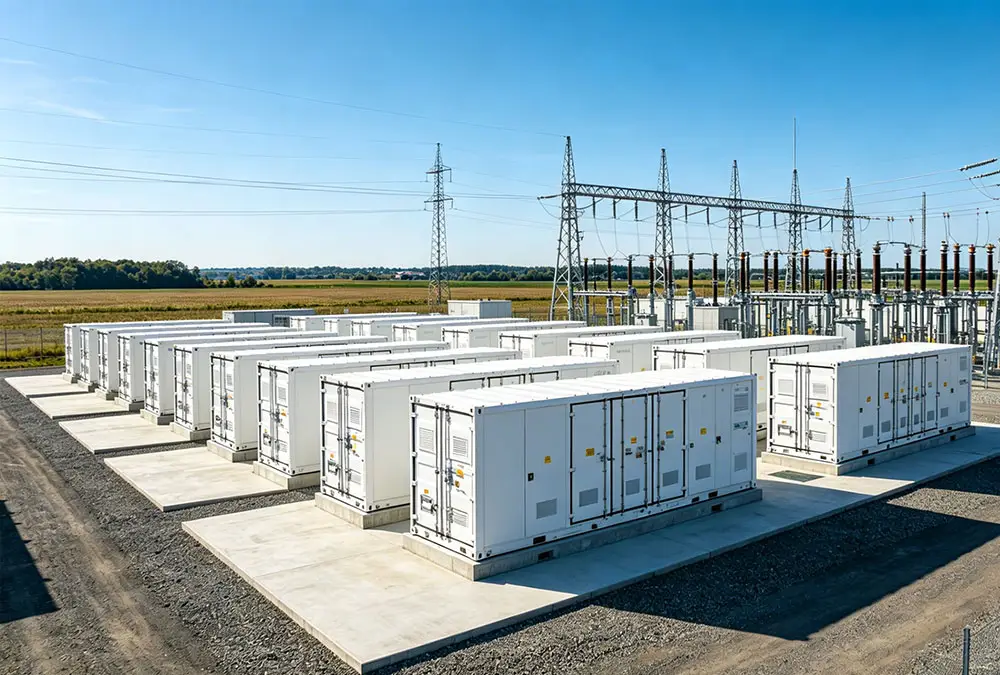 A utility-scale grid connected battery storage installation featuring containerized LFP racks and a high-voltage substation.