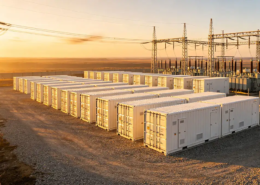 A utility scale stationary battery storage plant featuring industrial energy storage containers for grid stability.