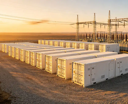 A utility scale stationary battery storage plant featuring industrial energy storage containers for grid stability.