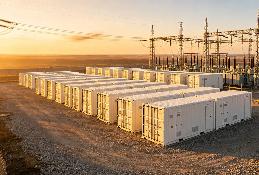 A utility scale stationary battery storage plant featuring industrial energy storage containers for grid stability.