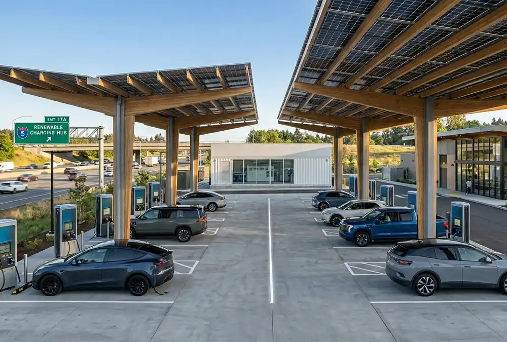 A heavy-duty 1MW battery storage container for EV charging stations integrated with an overhead solar panel canopy to reduce peak demand charges.