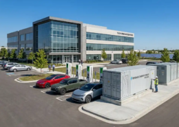 A turnkey 1MW battery energy storage system for fast charging deployed at a commercial EV charging station.